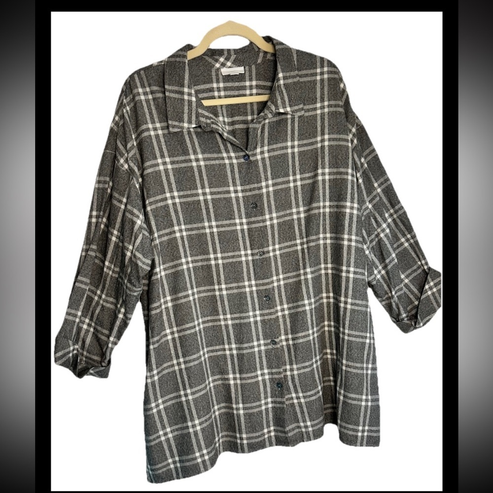 J. Jill Women’s Gray Plaid Oversized Rollup Cuffs Buttonup Shirt Sz XL